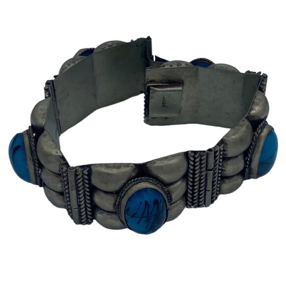 Alpaca Mexico Statement Bracelet Blue Cabochon Stones - Picture 6 of 8